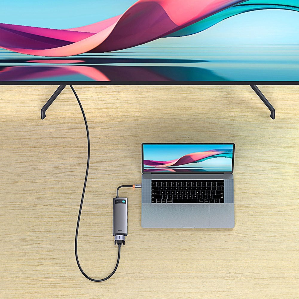 Baseus 7-i-1 USB-C Multiport Hub - 3 x USB-A 1 x USB-C 1 x HDMI 1 x VGA 1 x RJ45 - Grå