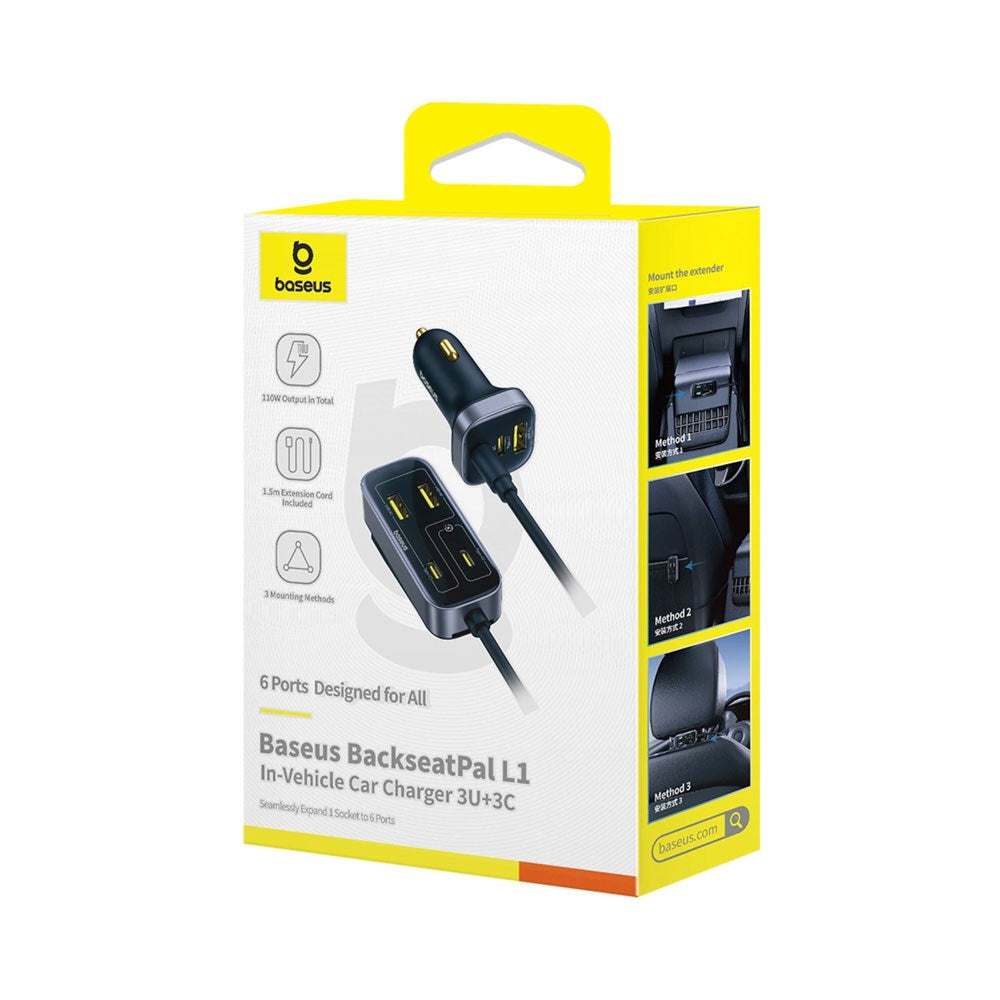 Baseus Multifunksjonell Billader 110W med 3 x USB-A & 3 x USB-C - 1,5m - Svart