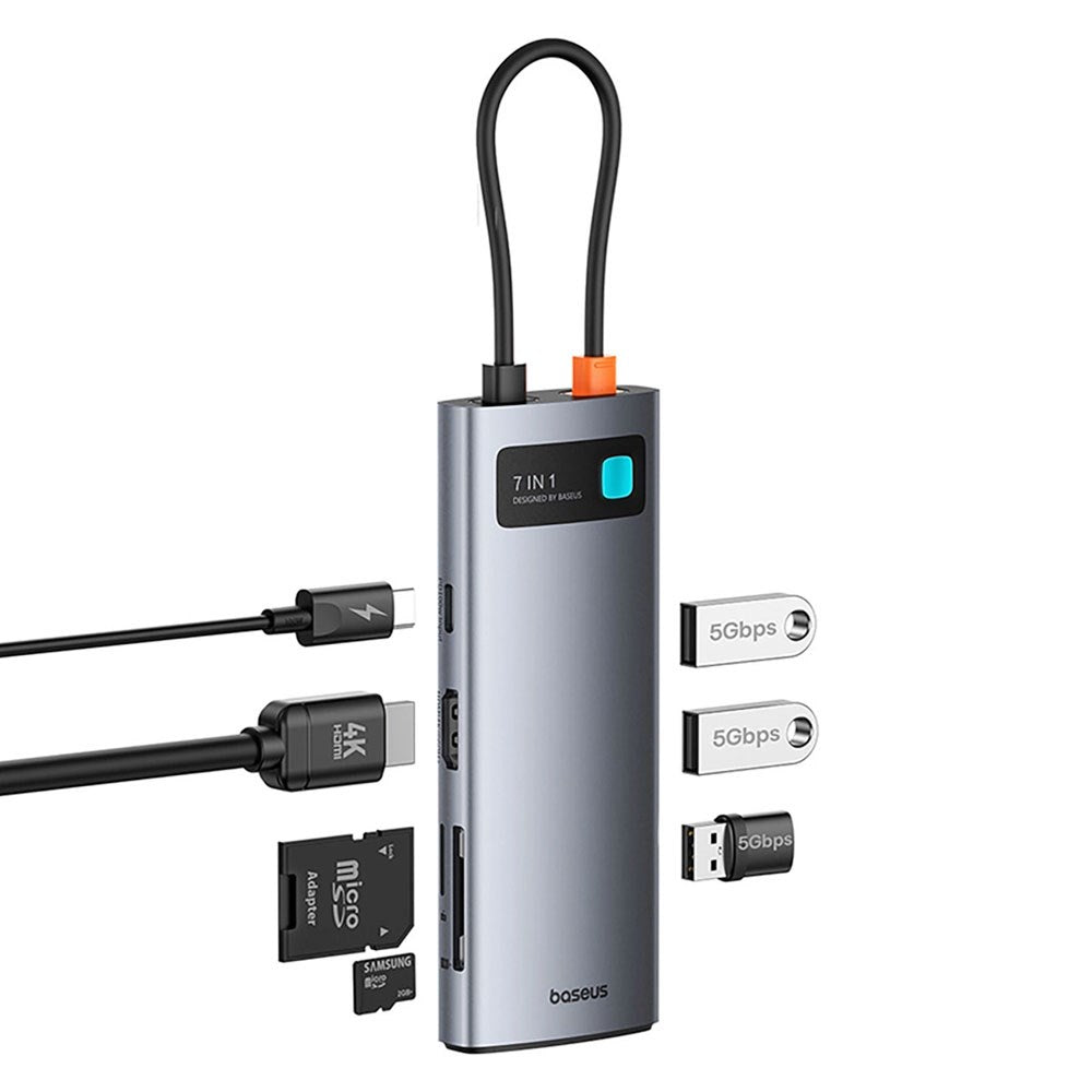 Baseus 7-i-1 USB-C Multiportadapter med 3 x USB-A 1 x USB-C 1 x HDMI 1 x SD-Kortleser 1 x MicroSD-Kortleser - Grå