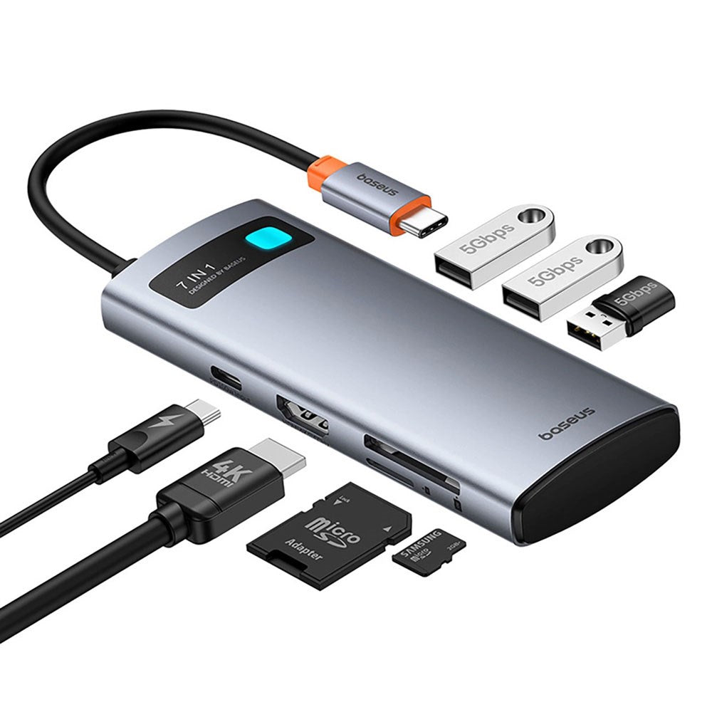 Baseus 7-i-1 USB-C Multiportadapter med 3 x USB-A 1 x USB-C 1 x HDMI 1 x SD-Kortleser 1 x MicroSD-Kortleser - Grå