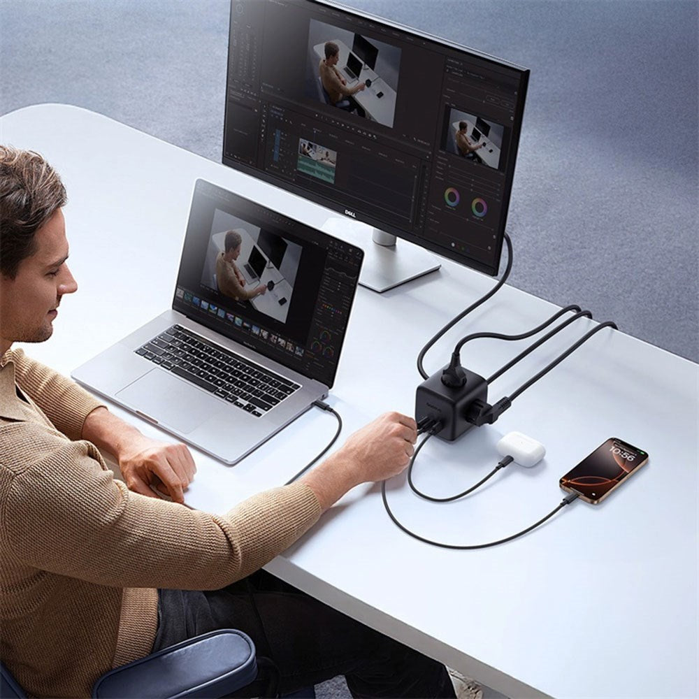 Baseus 67W Strømskinne med 3 x Schuko - 2 USB-C - 1 x USB-A - 1,5m - Grå