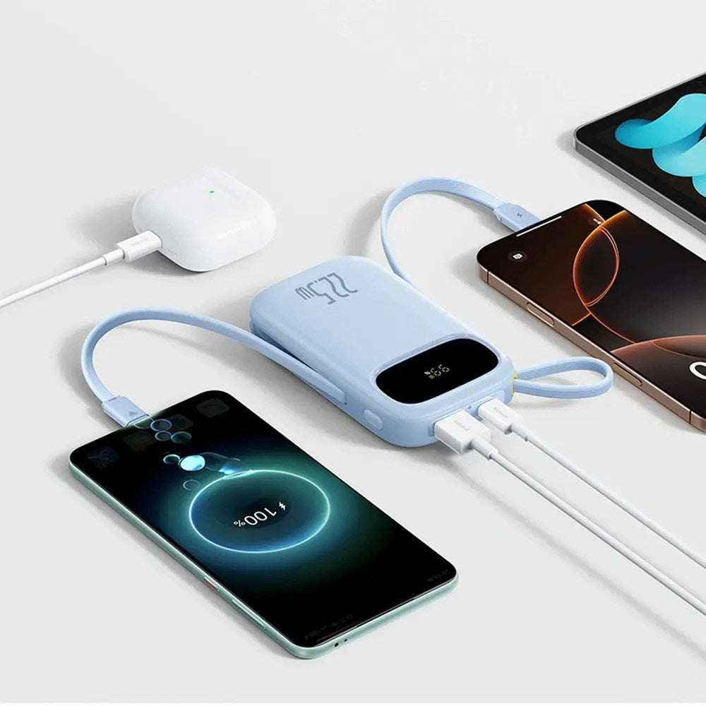 Baseus EnerFill 20 000 mAh Powerbank 22,5 W med Innebygd USB-C- & Lightning-Kabel - Blå