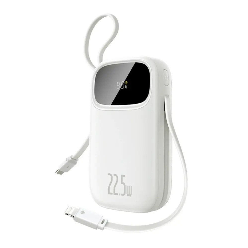 Baseus EnerFill 10 000 mAh Powerbank 22,5 W med Innebygd USB-C- & Lightning-Kabel - Hvit
