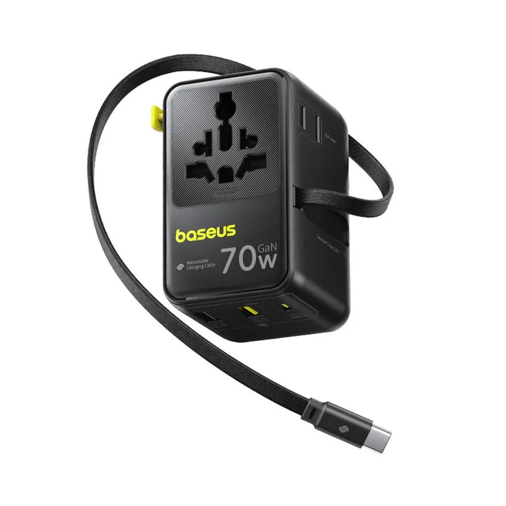 Baseus EnerCore 70W 6-i-1 Reiseadapter m. Uttrekkbart USB-C Kabel - Svart