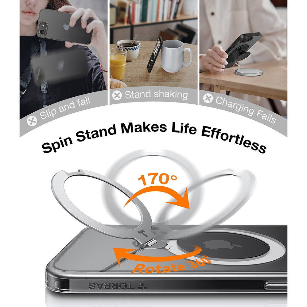TORRAS iPhone 16e Ostand Spin Hybrid Deksel med Kickstand - Gjennomsiktig / Sølv