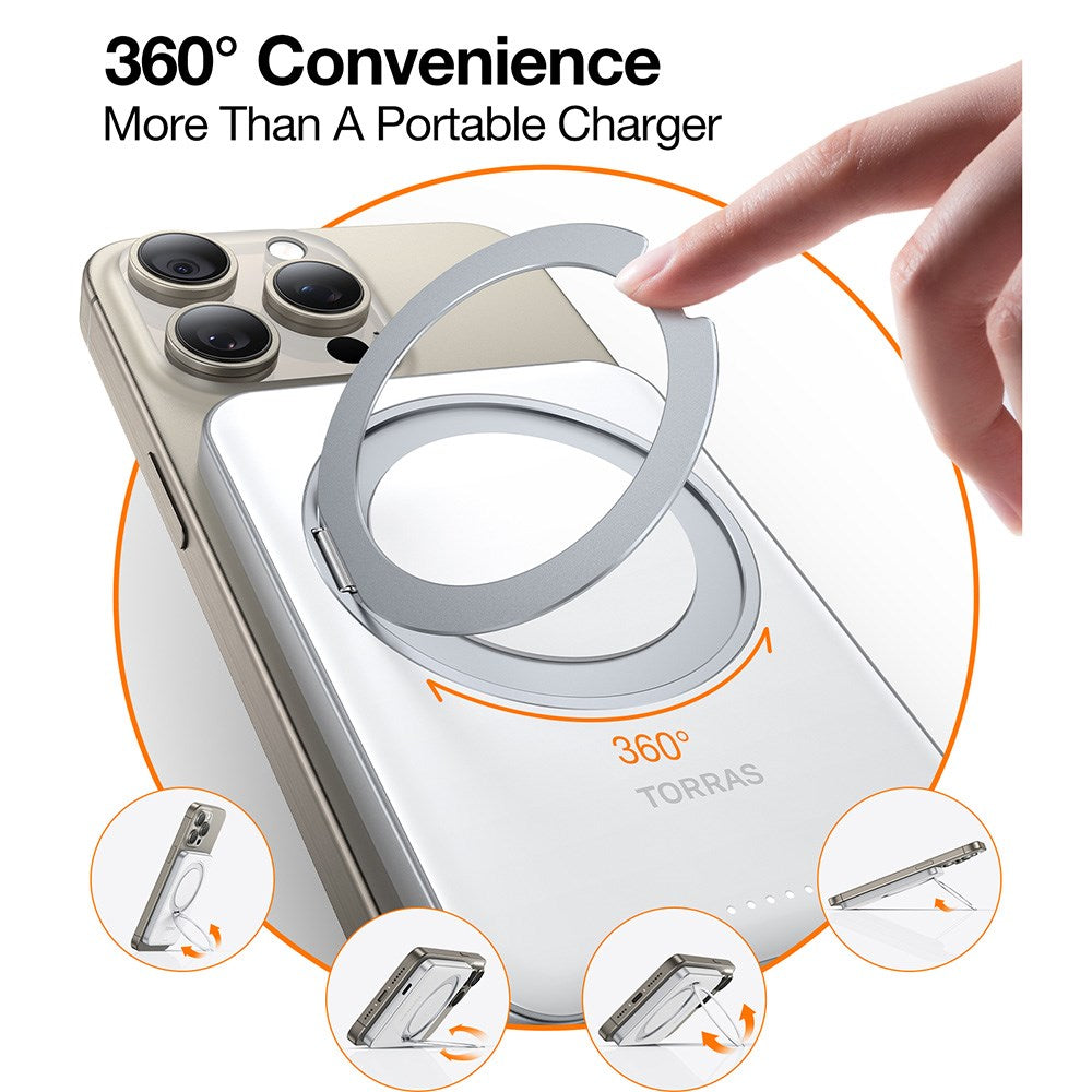TORRAS Magnetisk 15W Powerbank 5 000 mAh med Kickstand - Hvit