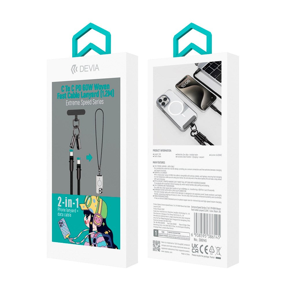 Devia 2-i-1 Mobilstropp & USB-C til USB-C Kabel - Svart