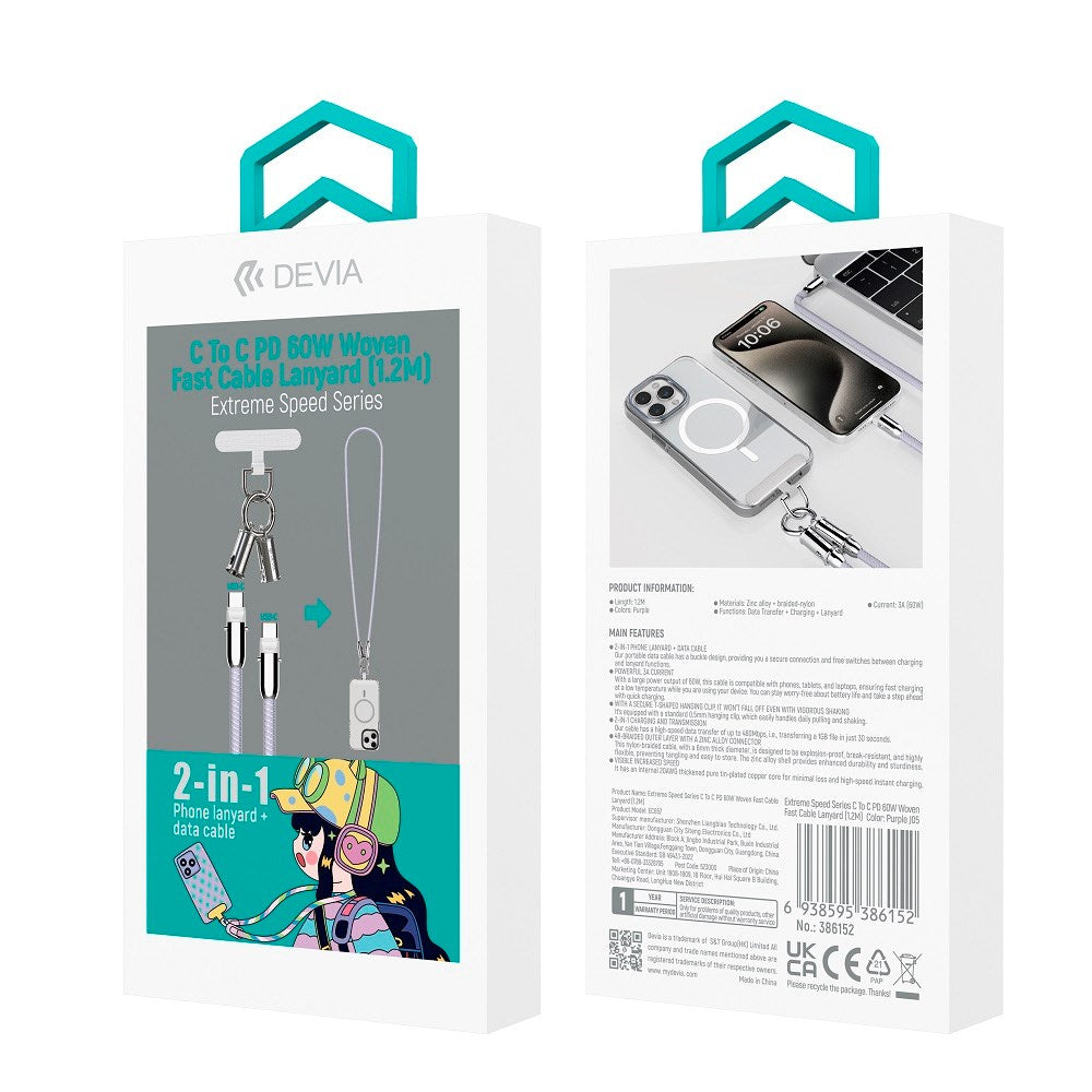 Devia 2-i-1 Mobilstropp & USB-C til USB-C Kabel - Lilla