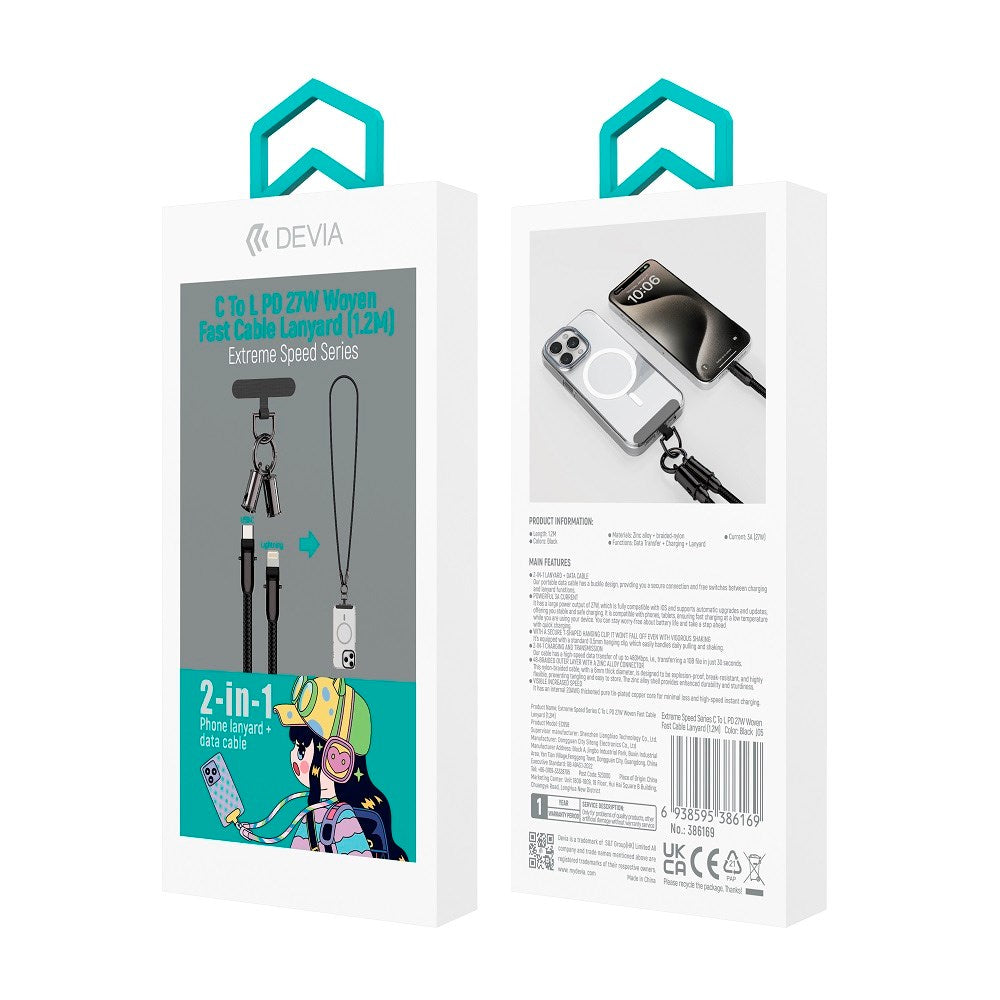 Devia 2-i-1 Mobilstropp & USB-C til Lightning Kabel - Svart