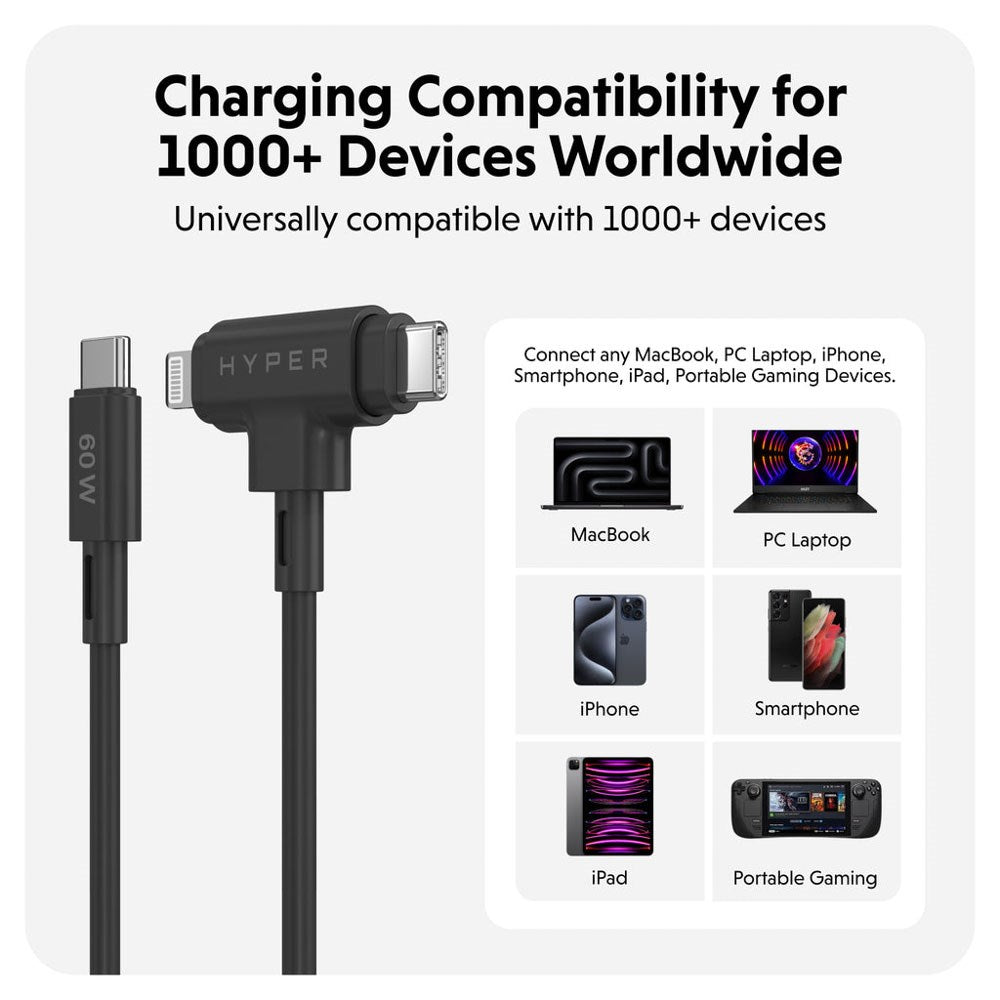 Hyper HyperJuice 60W 2-i-1 Hybrid Silikon USB-C til USB-C & Lightning Kabel - 1.5m - Svart