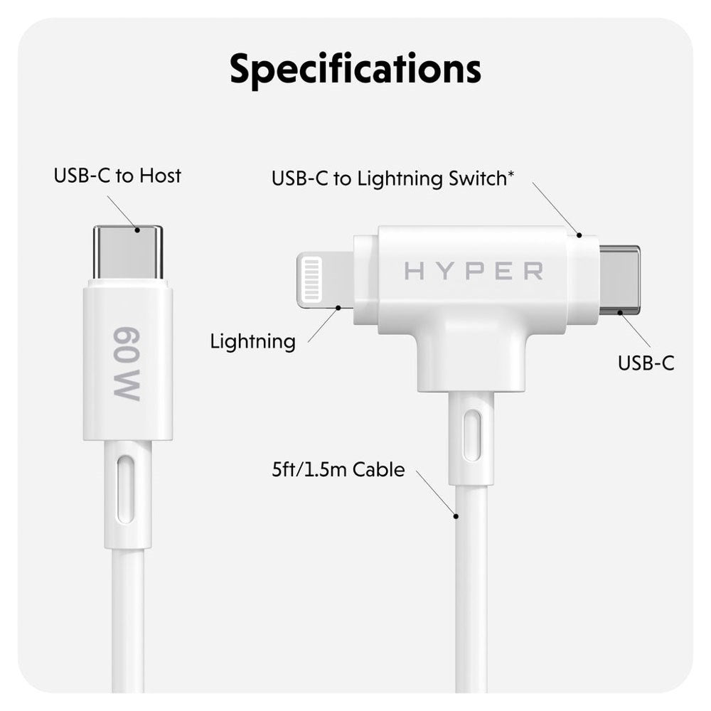 Hyper HyperJuice 60W 2-i-1 Hybrid Silikon USB-C til USB-C & Lightning Kabel - 1.5m - Hvit