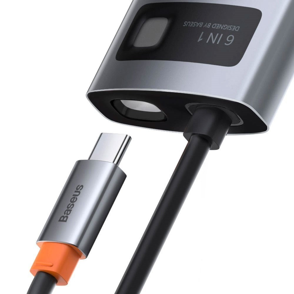 Baseus 6-i-1 USB-C Multiportadapter med 3 x USB-A 1 x USB-C 1 x HDMI 1 x RJ45 - Grå