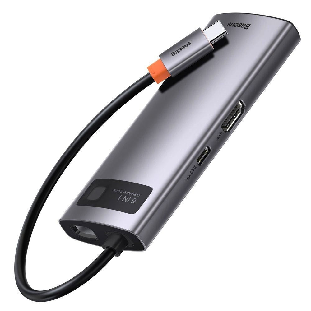 Baseus 6-i-1 USB-C Multiportadapter med 3 x USB-A 1 x USB-C 1 x HDMI 1 x RJ45 - Grå