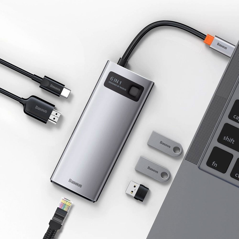 Baseus 6-i-1 USB-C Multiportadapter med 3 x USB-A 1 x USB-C 1 x HDMI 1 x RJ45 - Grå