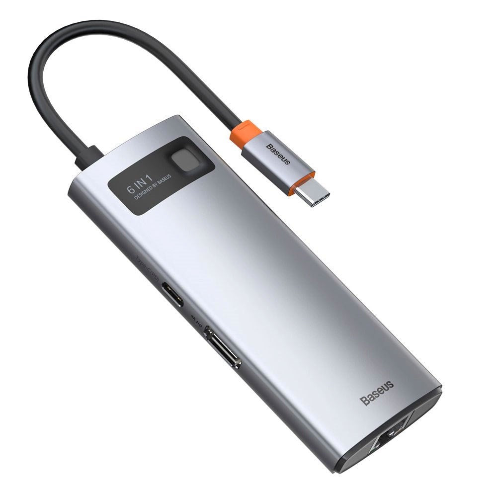 Baseus 6-i-1 USB-C Multiportadapter med 3 x USB-A 1 x USB-C 1 x HDMI 1 x RJ45 - Grå