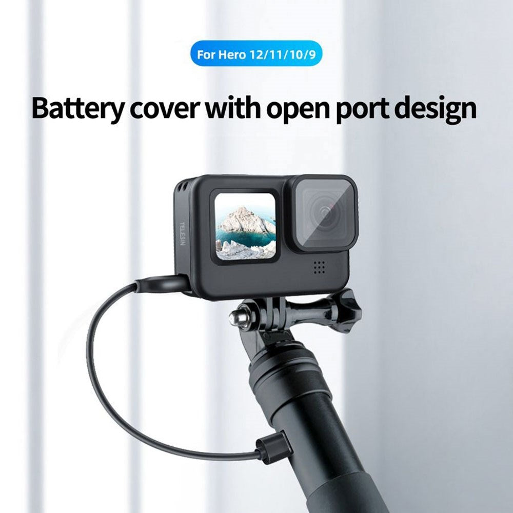 TELESIN GoPro Hero 9 / 10 / 11 / 12 / 13 Batterideksel med Kabelutsparing - Svart