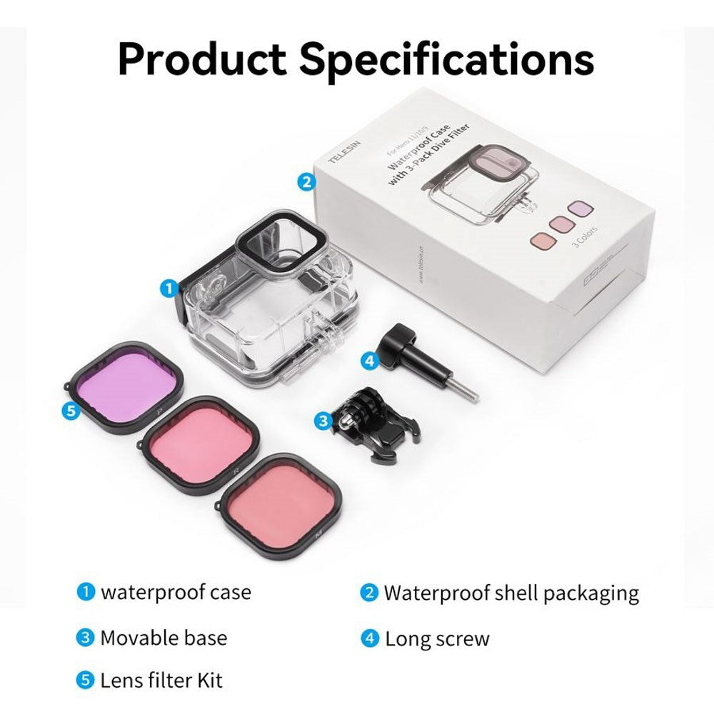 TELESIN Vanntett Etui til GoPro Hero 9 / 10 / 11 / 12 / 13 - inkl. 3 x Fargede Linser - Gjennomsiktig / Svart