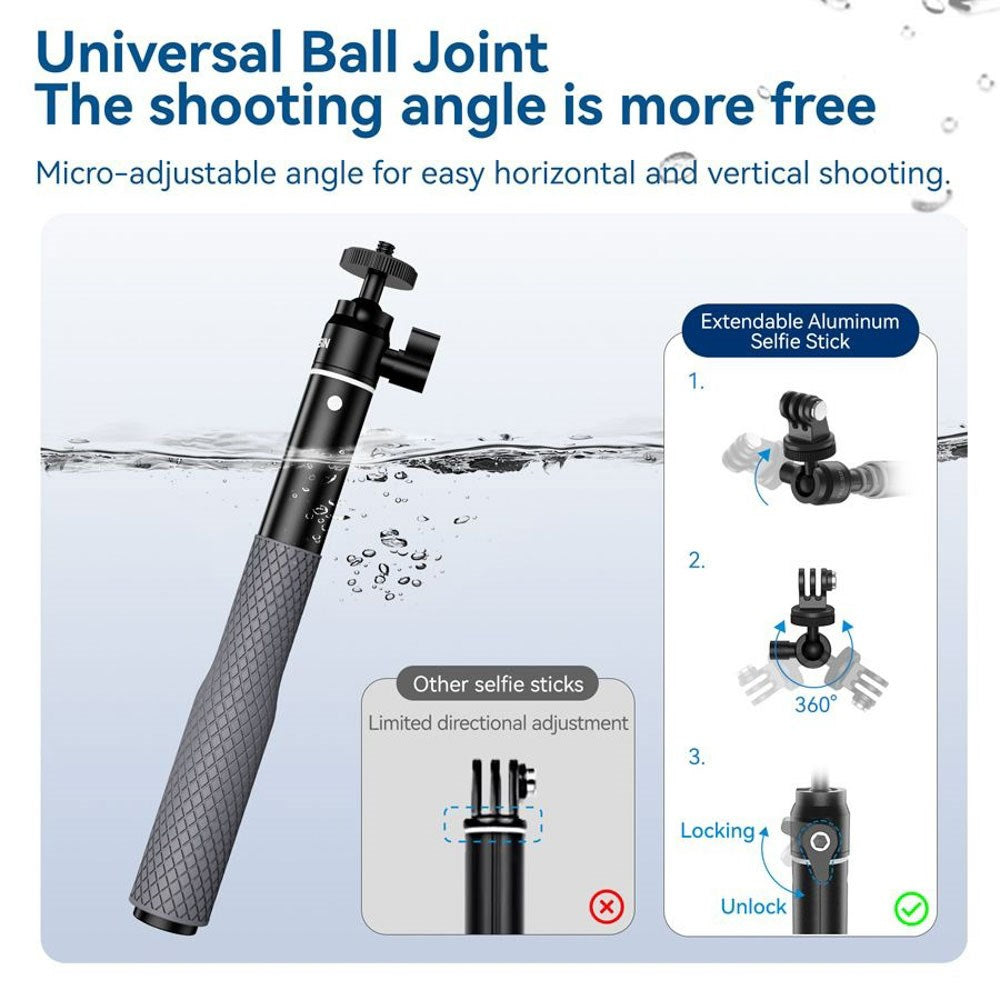 TELESIN Vanntett Selfiestang med 360 Graders Roterbar Ledd - Svart / Grå