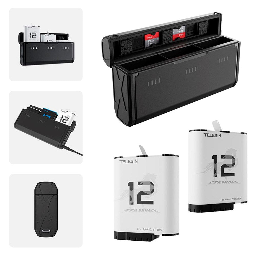 TELESIN Batteri Ladeetui & 2x Stamina Batteri Kit for GoPro Hero 9 / 10 / 11 / 12 - Svart