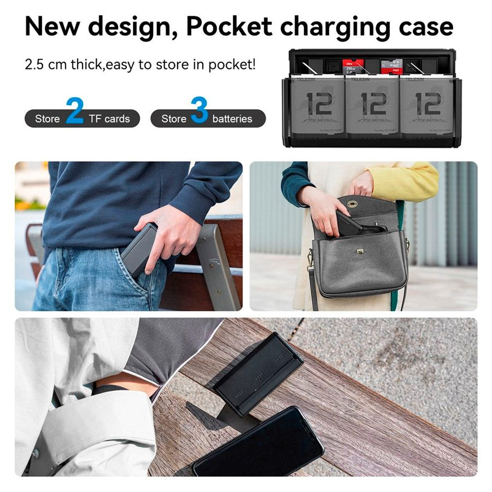 TELESIN Batteri Ladeetui & 2x Stamina Batteri Kit for GoPro Hero 9 / 10 / 11 / 12 - Svart