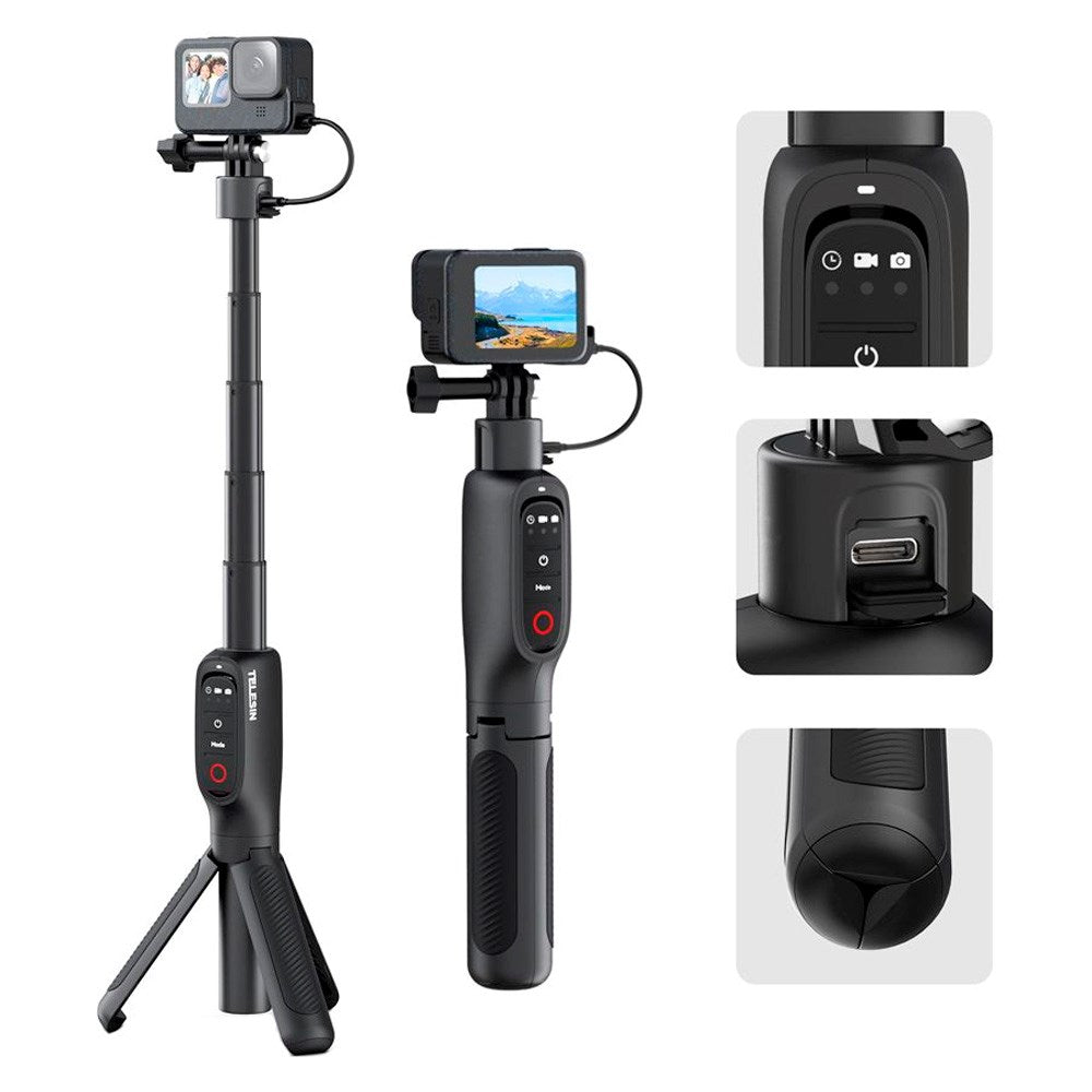 TELESIN 3-i-1 PowerBank Selfie Stick for GoPro Hero 9 / 10 / 11 / 12 / 13 / MAX - 5000 mAh - Svart