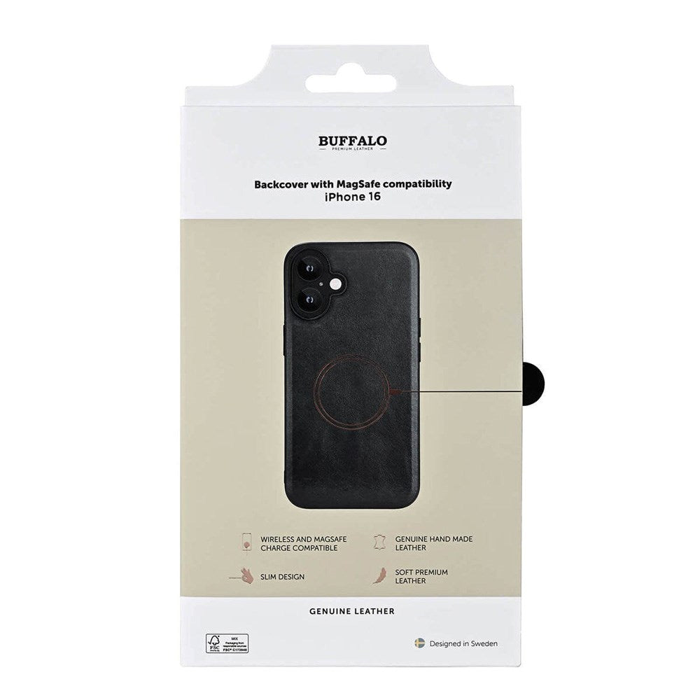 iPhone 16 Buffalo Ekte Skinn Deksel - MagSafe Kompatibel - Svart
