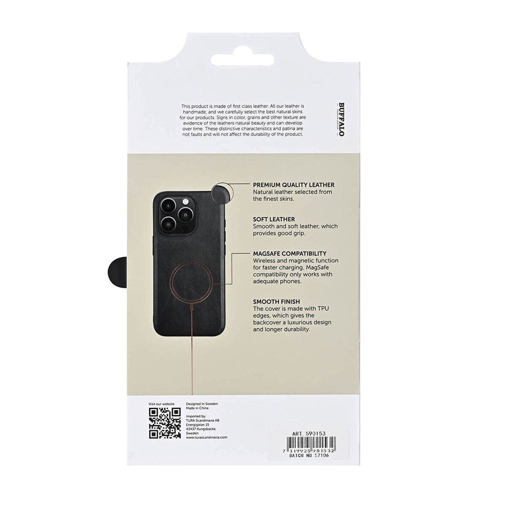 iPhone 16 Pro Buffalo Ekte Skinn Deksel - MagSafe Kompatibel - Svart
