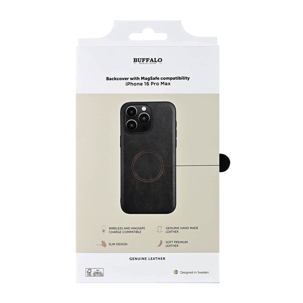 iPhone 16 Pro Max Buffalo Ekte Skinn Deksel - MagSafe Kompatibel - Svart