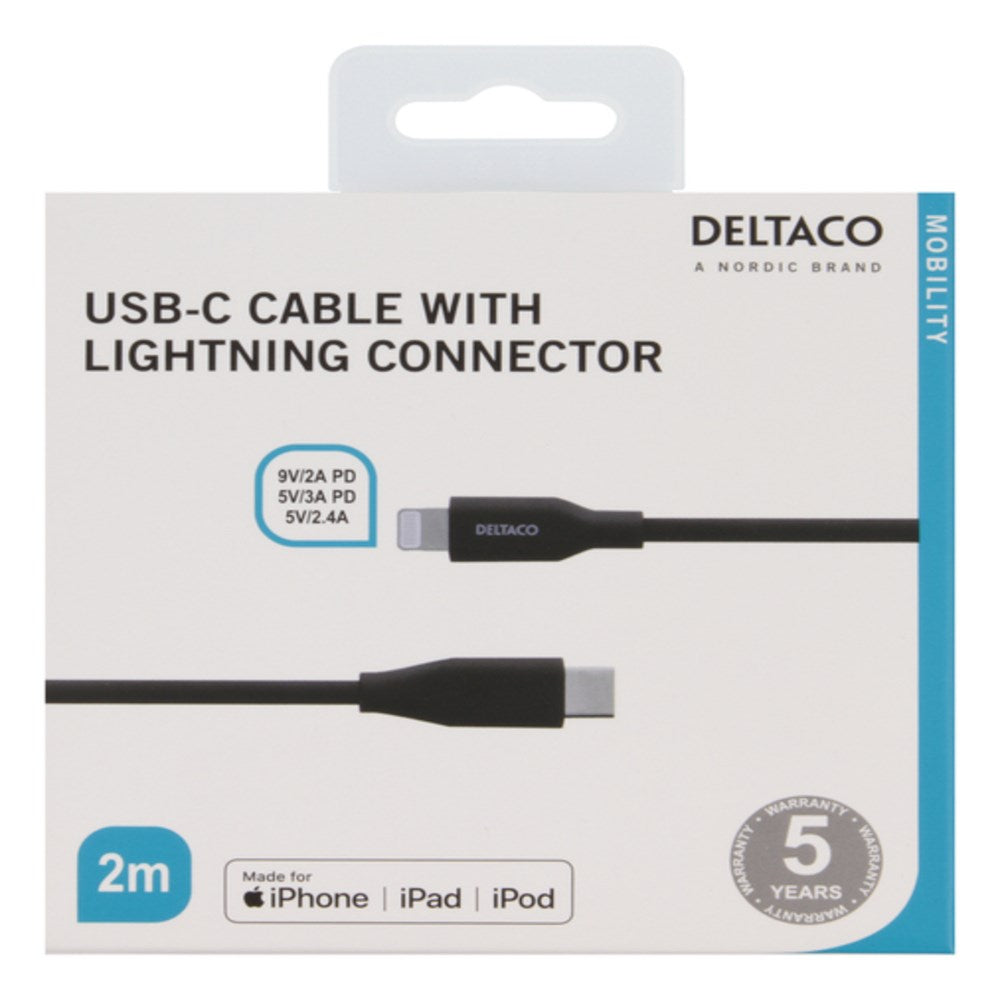 Deltaco 18W USB-C til Lightning Kabel - 2m - Svart