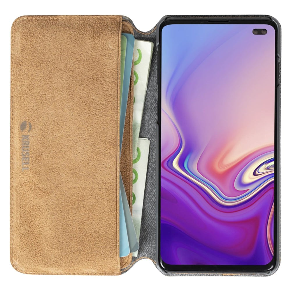 Krusell Broby Slim Wallet Samsung Galaxy S10+ (Plus) Semsket Skinn Flip Deksel med Lommebok - Beige