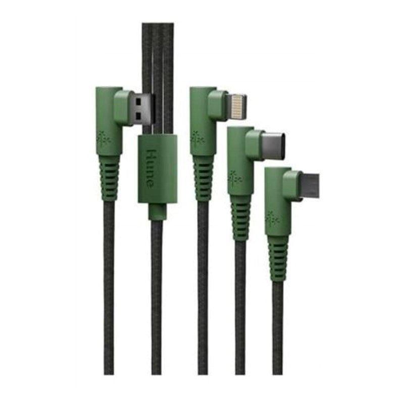 Hune Hiedra 3-i-1 USB-A Multikabel med Vinklet Kontakt - 1 x USB-C 1 x Lightning 1 x MicroUSB - 1.2m - Grønn