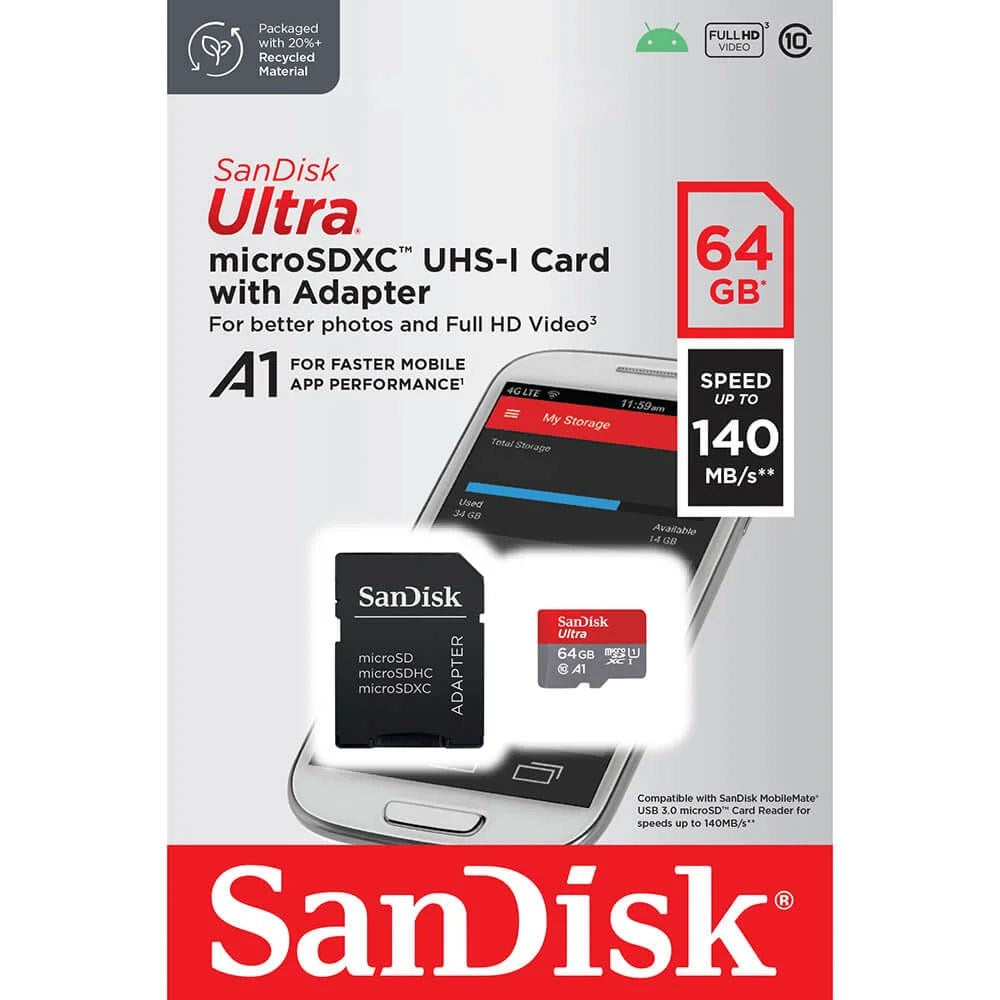 SanDisk MicroSDXC Minnekort m. Adapter - 64GB - Rød / Grå