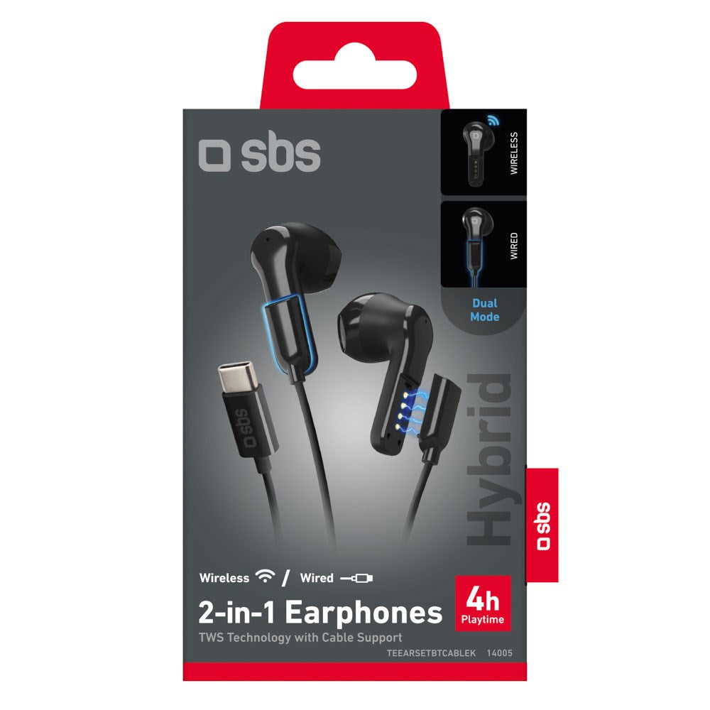 SBS Hybrid 2-i-1 Hodetelefoner - med / uten Kabel - USB-C - Svart