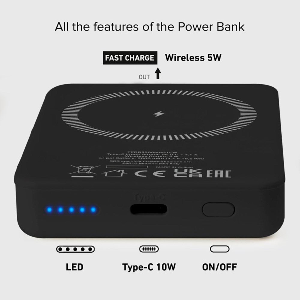 SBS Mag PowerBank 5000 mAh med USB-C og Trådløs Lading - Svart