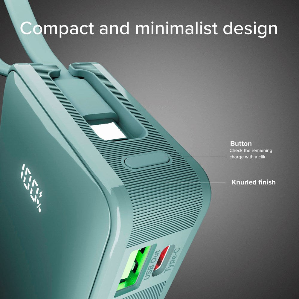 SBS - 20W LCD PowerBank m. 1x USB-A & 1x USB-C - 10.000 mAh - Lyseblå