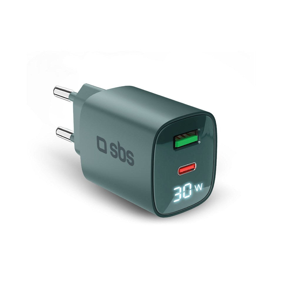 SBS - 30W LCD Vegglader m. 1x USB-A & 1x USB-C - Lysblå