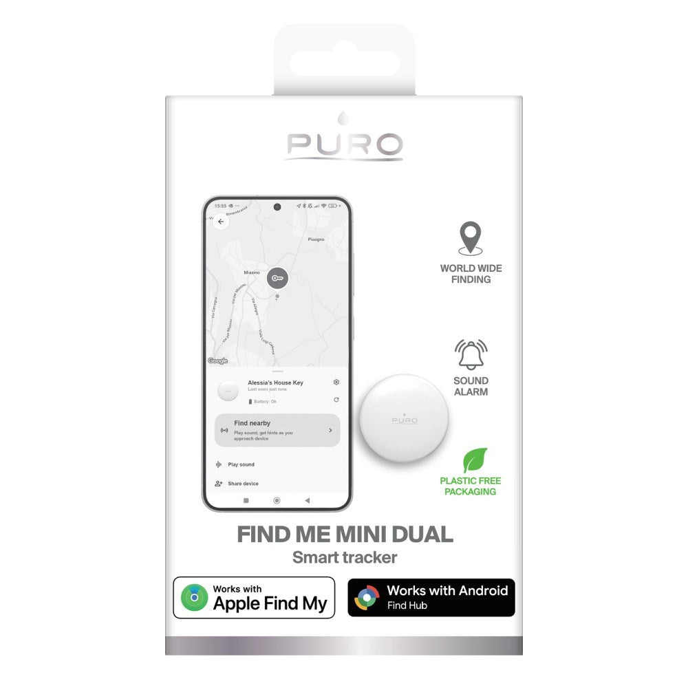 Puro Find Me Mini Dual Smart Tracker - Apple Find My & Android Find Hub - Hvit