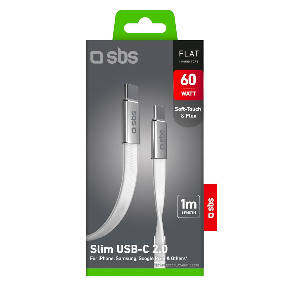 SBS 60W Flat USB-C til USB-C Kabel – 1m – Hvit