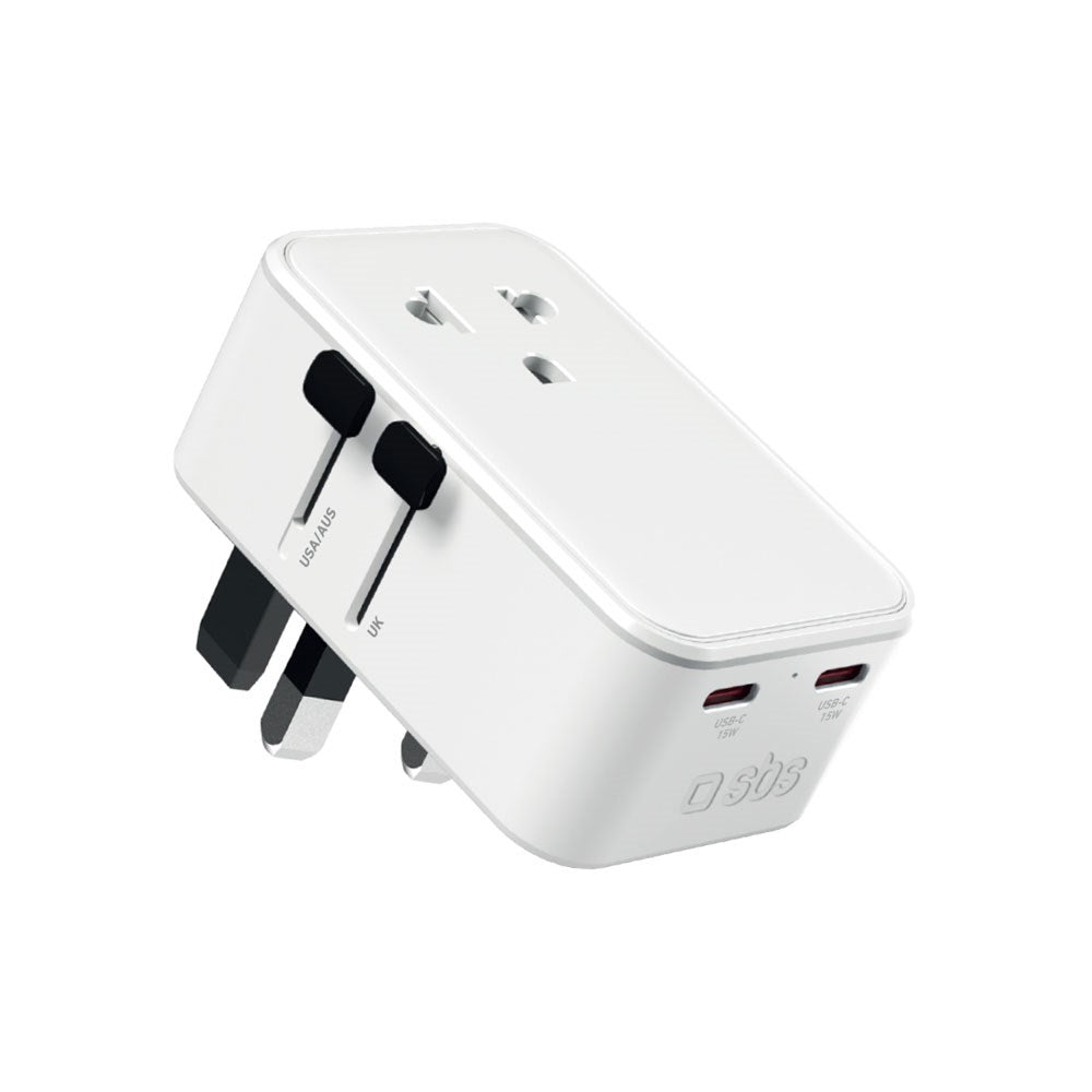 SBS Ekstra Tynn Reiseadapter for UK / USA / AUS med 1 x USB-A & 2 x USB-C - hvit