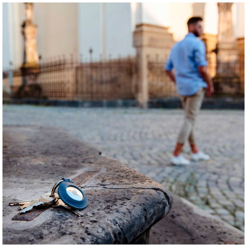 Fixed Airtag Ekte Skinntrekk m. Karabinkrok - Blå