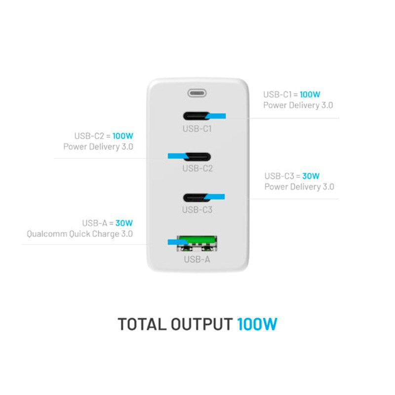 Fixed GaN 100W Vegglader m. 3x USB-C / 1x USB-A - Hvit