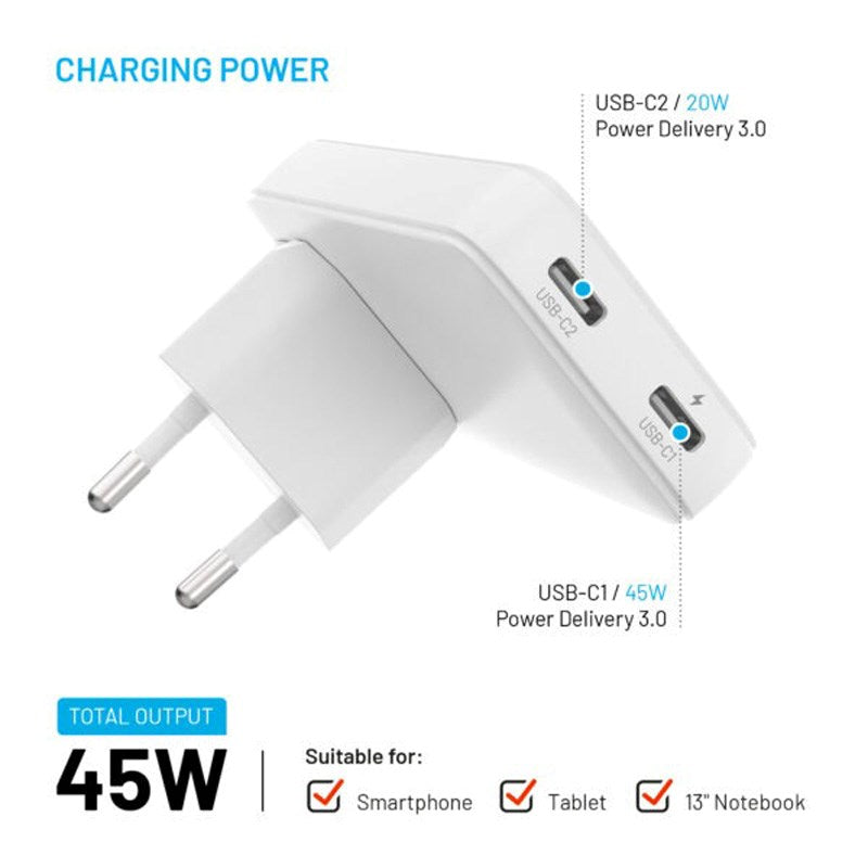 Fixed Slank Vegglader med 2 x USB-C & Reiseadapter - EU / UK / US / AUS - Hvit