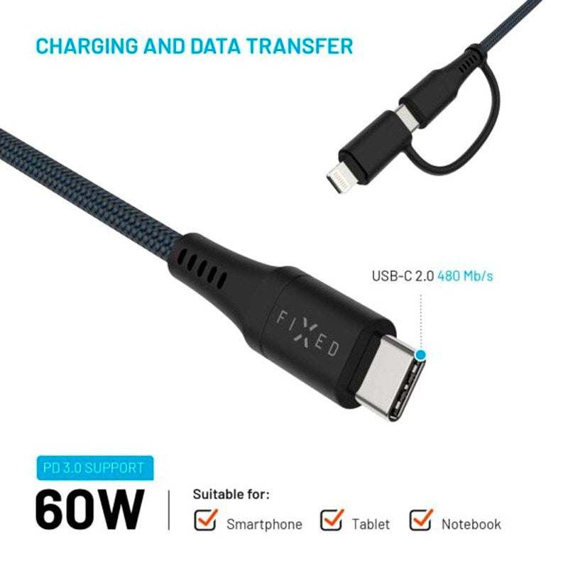 Fixed 2-i-1 60W USB-C til Lightning Kabel 1.2m - Svart