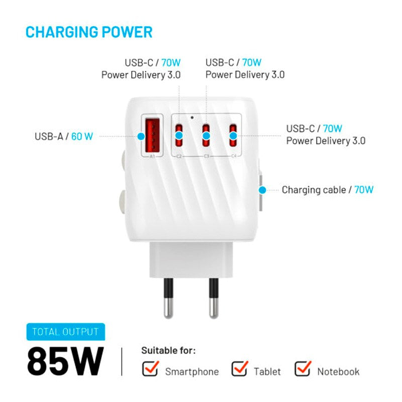 Fixed Universal Reise Adapter 85W EU / UK / USA / AUS - Hvit