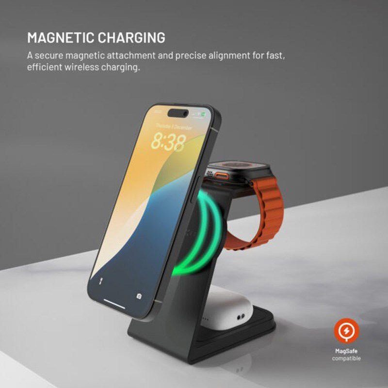 Fast 3-i-1 Trådløs Ladestasjon 15W - Smartphone / Apple Watch / AirPods - Svart