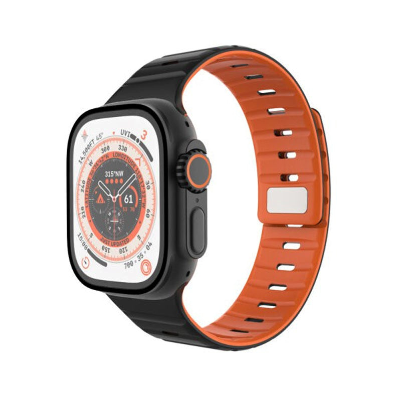 Apple Watch (42/44/SE/45/46/49 mm) Fixed Magnetisk Silikonrem – Svart / Oransje
