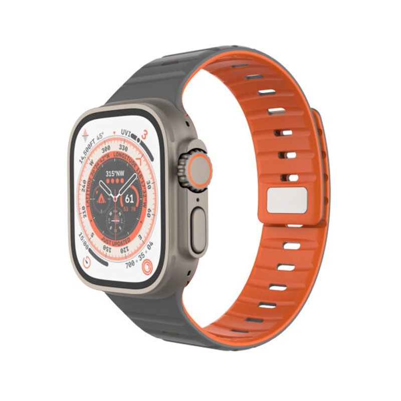Apple Watch (42/44/SE/45/46/49 mm) Fixed Magnetisk Silikonrem – Grå / Oransje