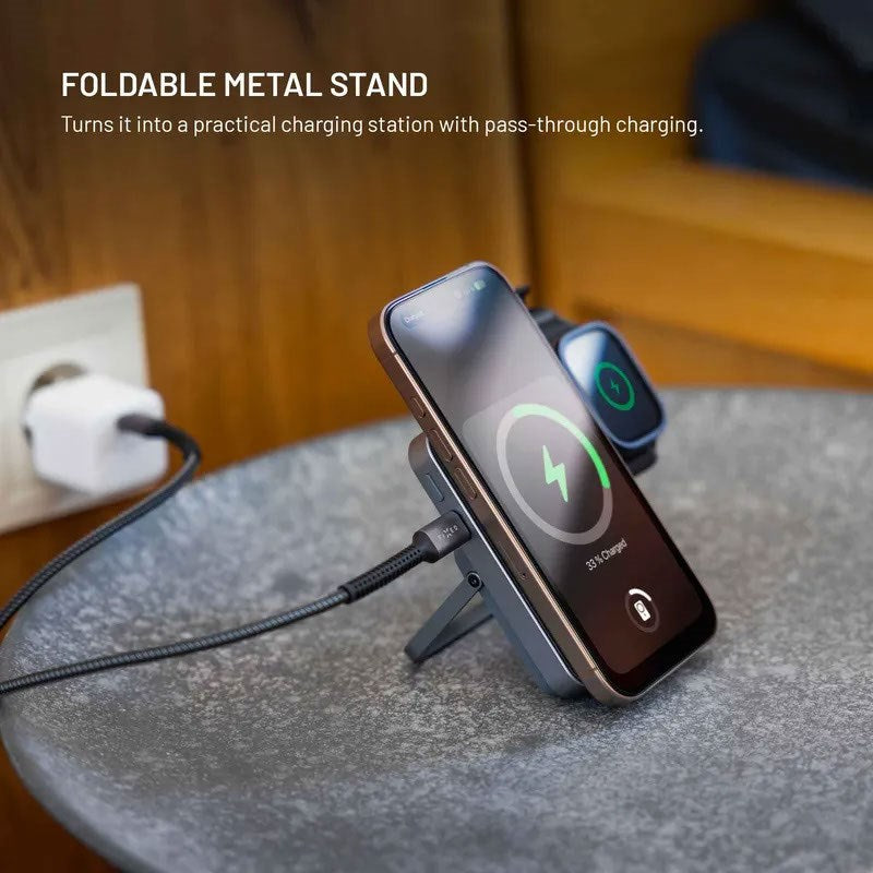 Fixed MagZen 5 20W Qi2 PowerBank m. Stativfunksjon & Apple Watch Lader - MagSafe Kompatibel - 5000 mAh - Grå