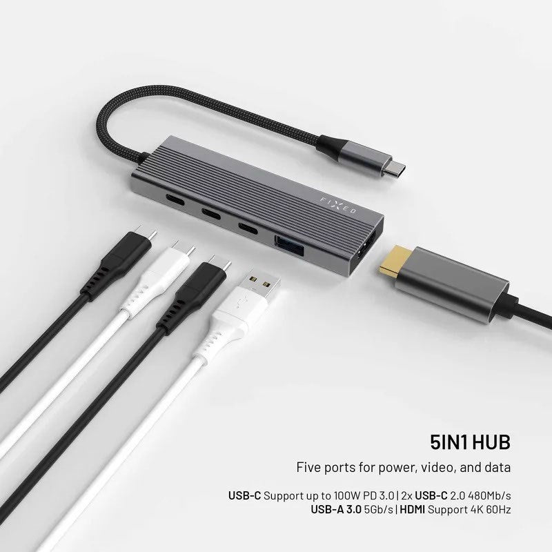 Fixed 5-i-1 USB-C Multiport med 3 x USB-C 1 x USB-A 1 x HDMI - Sølv