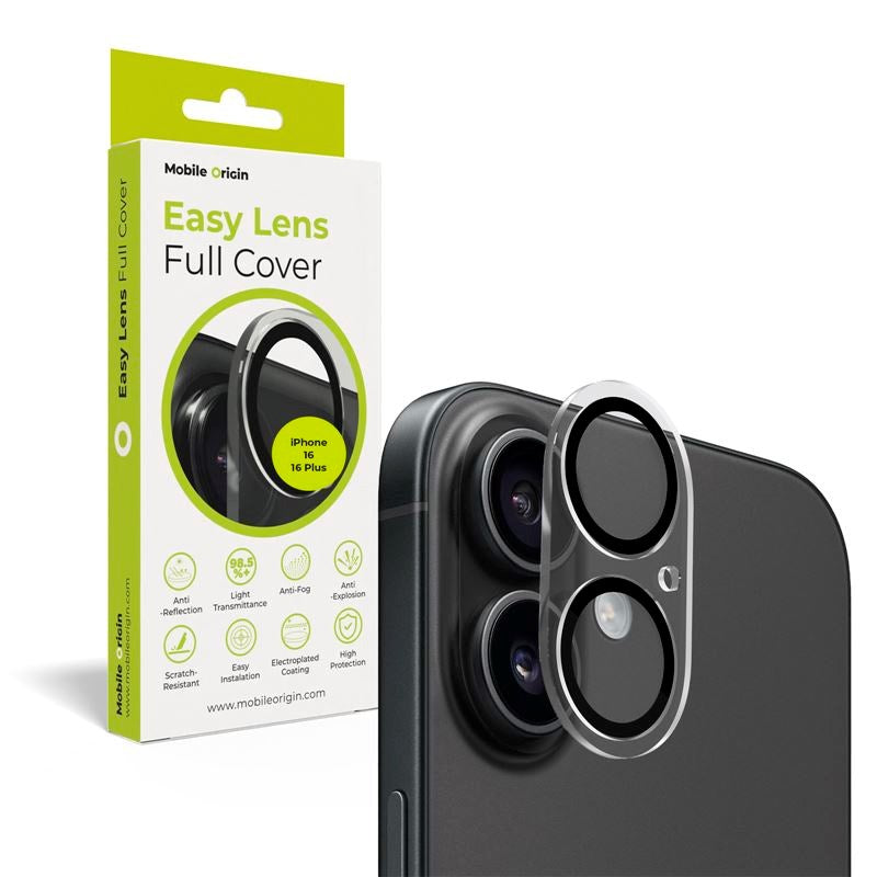 iPhone 16 / 16 Plus Mobile Origin Herdet Glass Kameralinsebeskyttelse - Gjennomsiktig / Svart Kant
